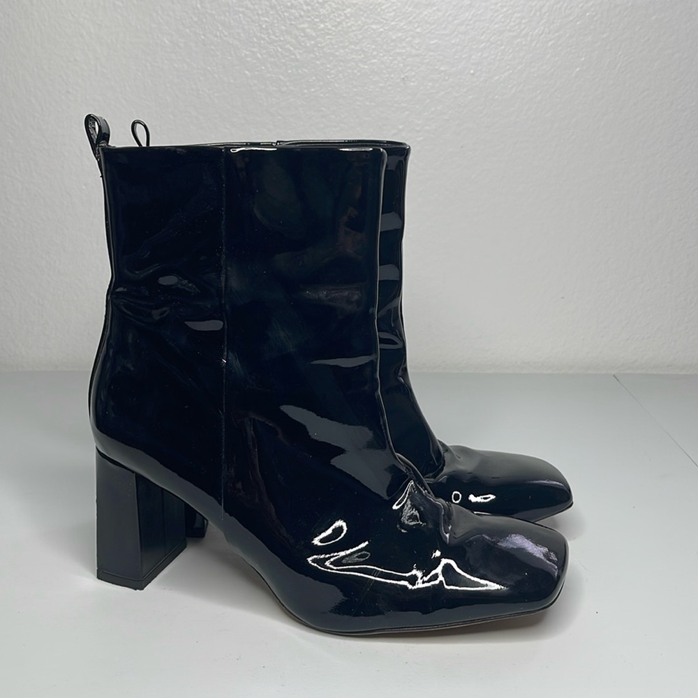 Good American Patent Leather Ankle Square Toe Heel Booties Size 9.5